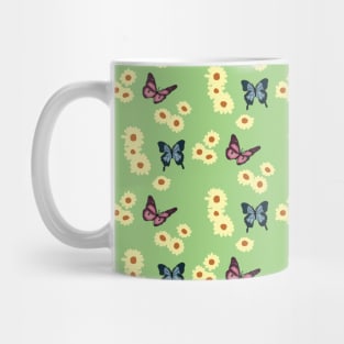 Blue and Pink Butterflies with Green Background Pattern Mug